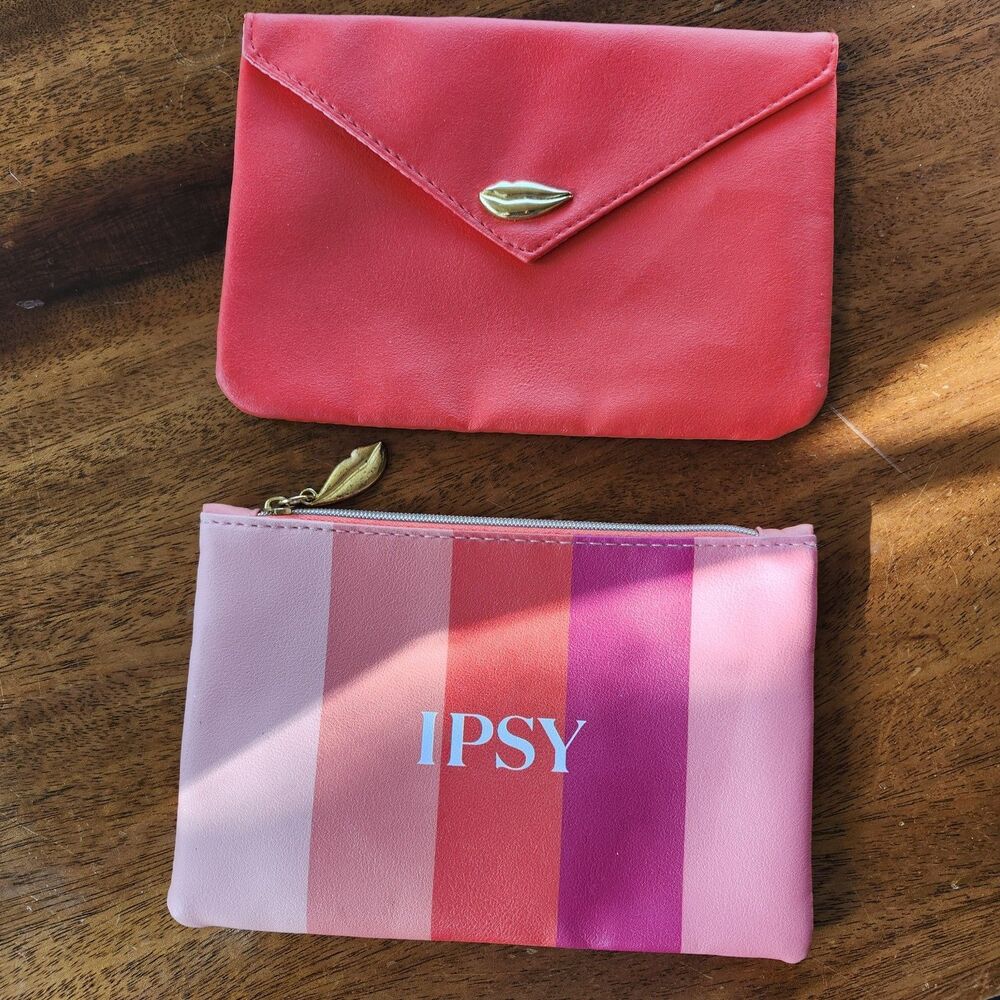 2 IPSY Women's Makeup Bag Multi-Color Cosmetic Pouches with LIPS Pink Red Zipper